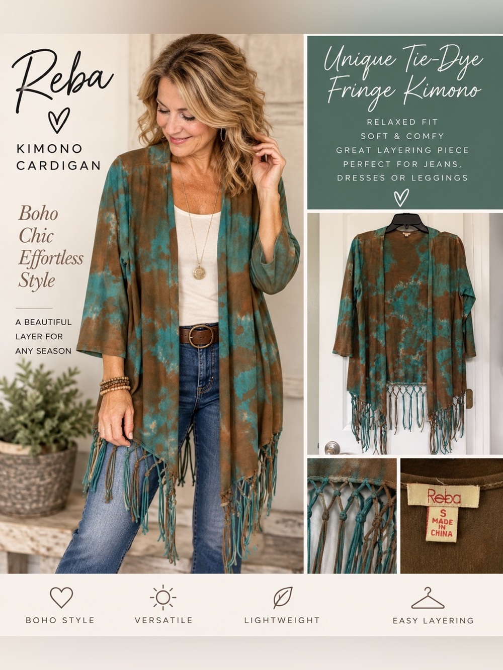 Reba Brown Turquoise Tie Dye Fringe Kimono Cardigan Size S Boho Western